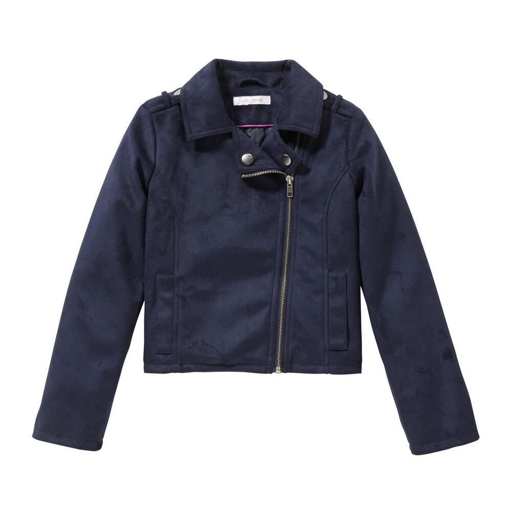 Joe Fresh Girls Moto Jacket XZ 4/5 Blue Faux Suede Side Zip Up Collared Lined